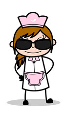 Weared a Black Sunglasses - Retro Cartoon Waitress Female Chef Vector Illustration