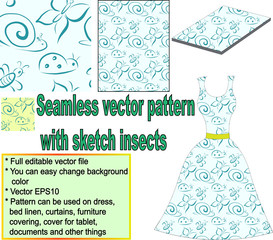 Seamless pattern with bugs with example of usage. Vector, easy editable. 