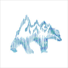 Gradient picture with a walking bear, on his back are mountains. The illustration is hand-made shading.