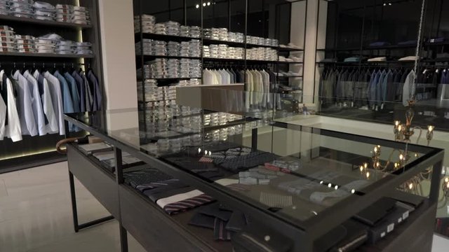 A demonstration video of the expensive luxury brand male clothing boutique interior. Fashion industry business