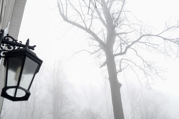 Outdoor lantern on a foggy morning