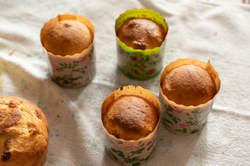 fresh baked cupcakes with raisins in the forms for baking bread. delicious buns
