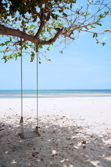 A wooden swing on the beach