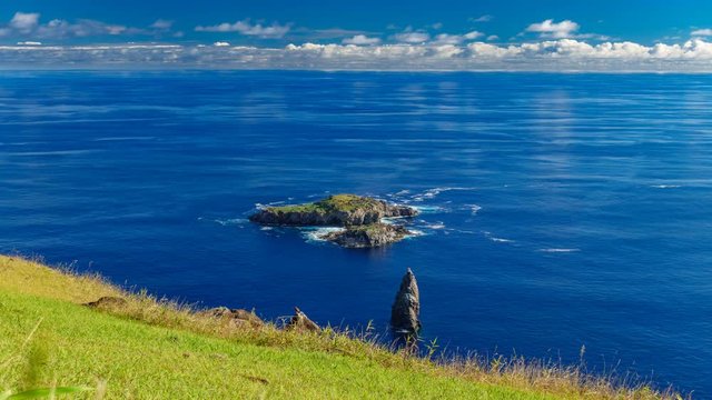 Time-lapse of TangataRanu kau volcano crater and iconic islets of birdman cult in Rapa Nui