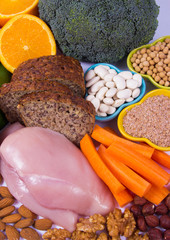 Nutritious products containing vitamin B3 (PP, niacin) and other natural minerals, concept of healthy nutrition. White background.