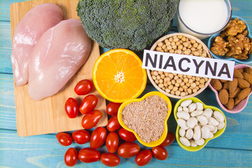 Nutritious ingredients and products containing vitamin B3 (PP, niacin) and other natural minerals, concept of healthy lifestyle and nutrition.