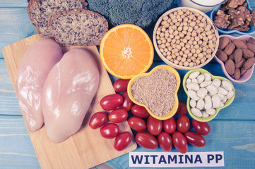 Nutritious ingredients and products containing vitamin B3 (PP, niacin) and other natural minerals, concept of healthy lifestyle and nutrition.