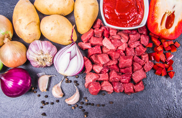 Ingredients for the preparation of traditional Hungarian goulash.