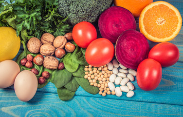 Healthy products and ingredients as source vitamin B9 (acidum folicum), natural minerals, concept of nutritious eating.