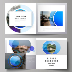 The vector illustration of the editable layout of two covers templates for square design bifold brochure, magazine, flyer, booklet. Creative modern blue background with circles and round shapes.