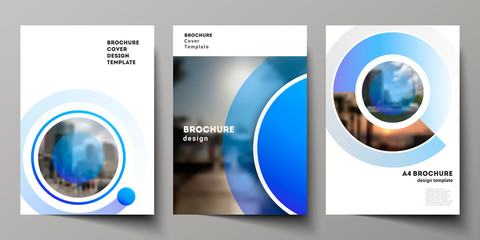 The vector layout of A4 format modern cover mockups design templates for brochure, magazine, flyer, booklet, annual report. Creative modern blue background with circles and round shapes.
