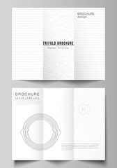 The minimal vector illustration layouts. Modern creative covers design templates for trifold brochure or flyer. Trendy modern science or technology background with dynamic particles. Cyberspace grid.