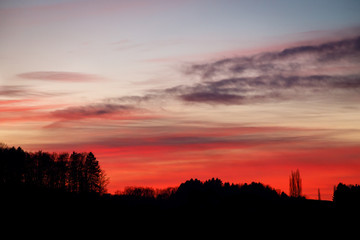 colorful sunset with glowing clouds and a tree a hill and valley silhouette in the austrian alps