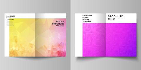 Vector layout of two A4 format modern cover mockups design templates for bifold brochure, magazine, flyer, booklet, annual report. Abstract geometric pattern with colorful gradient business background