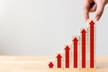 Ladder career path for business growth success process concept.Hand arranging wood block stacking...