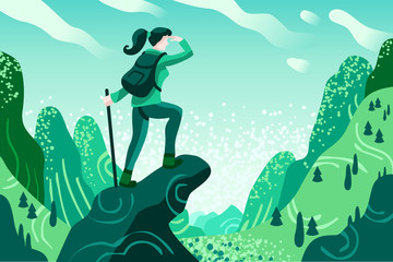 Explorer Discovery, Watch and Explore Touristic valley with traveller backpack. Flat color icons, creative illustrations, isometric infographic images, web banner - Vector