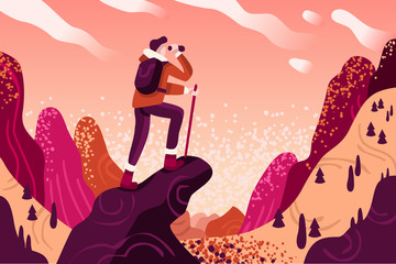 Explorer discovery, watch and explore touristic valley with traveller backpack. Flat color icons, creative illustrations, isometric infographic images, web banner vector