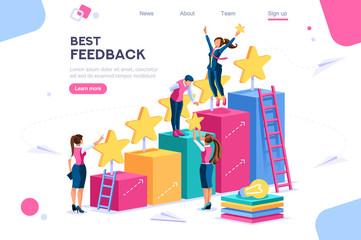 Arrows score, win and grow. Star choose, best feedback comment. 5 stars rating, people and text, characters concept for web banner, infographics, hero images. Flat isometric vector illustration