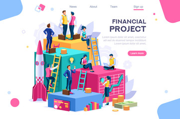 Communication, economy project, money investment card. Teamwork assistant concept. Interacting people. 3d isometric vector illustration.