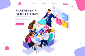 Project pieces, communication, collaboration, partnership solution. Together images, teamwork concept. Can use for web banner, infographics, hero images. Flat isometric vector illustration.