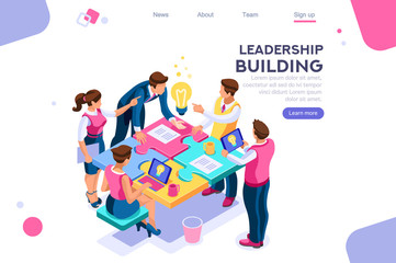 Leadership unity. Leader and business puzzle construction. Process support concept, can use for web banner, infographics, hero images. Flat isometric vector illustration isolated on white background