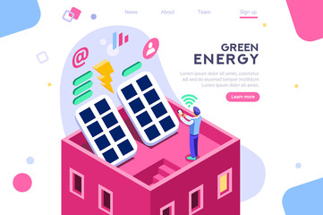 Digital solar building. Panels, electric economy, house device. Concept for infographics, hero images. Flat isometric vector illustration. Web banner between white background, between empty space