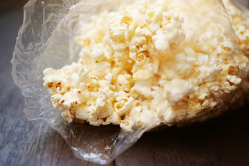 Delicious sweet Popcorn in plastic bags.