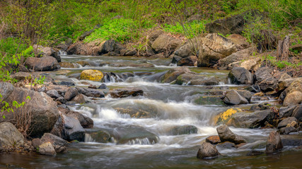Naklejka na ściany i meble Landscape view of a country brook in early spring with rocks, rushing water, and budding green shrubs
