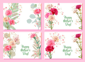 Set horizontal Mother's Day cards with carnation: red, pink, white flowers, twig gypsophile, leaves eucalyptus, fern. Templates for design, vintage botanical illustration, watercolor style, vector, A4