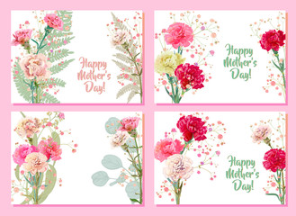Set horizontal Mother's Day cards with carnation: red, pink, white flowers, twig gypsophile, leaves eucalyptus, fern. Templates for design, vintage botanical illustration, watercolor style, vector, A4