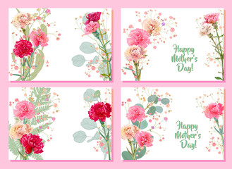 Set horizontal Mother's Day cards with carnation: red, pink, white flowers, twig gypsophile, leaves eucalyptus, fern. Templates for design, vintage botanical illustration, watercolor style, vector, A4