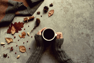 Fall leaves, cones, dry berry and woman's hands with cup of coffee and a warm scarf on gray table background. Seasonal, morning coffee, Sunday relaxing and still life concept. Top view. Toned image.
