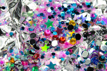 Fototapeta na wymiar Abstract Shiny Foil Glitter Holographic Stars Hearts Shapes Pretty Background