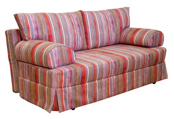 Colorful striped sofa on a white background. Stripes of cloth of red, pink, chocolate and violet colors. Including clipping path