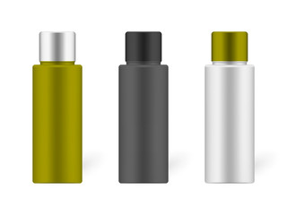 Cosmetic bottle with screw cap, realistic mockup set. Beauty skin care product packaging containers isolated on white background, vector template