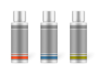 Cosmetic bottle with screw cap, realistic mock-up set. Beauty skin care product packaging containers with blank labels isolated on white background, vector template