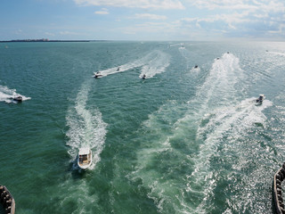 A busy boating day on Biscayne Bay near Key Biscayne, Florida.