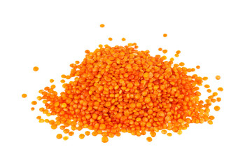 Pile of red lentils on white background