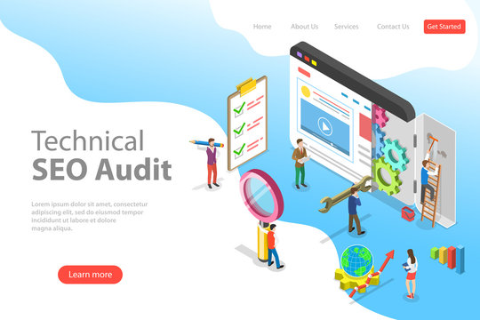 Isometric flat vector landing page template of technical SEO audit, search engine strategy, content marketing, website development.