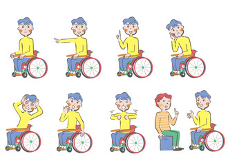 車椅子に座る男性　様々な表情　セット
