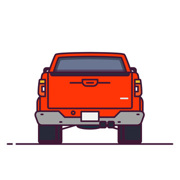 Rare View Of Big Pickup. Line Style Vector Illustration. Off Road And Pick Up Delivery Vehicle Banner. Offroad Modern Car From Rare View. Modern Off-road Car Design. Big Truck Pixel Perfect Banner.