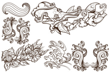 Curls, waves and a whale. A set of outline black and white illustrations with sketches of tattoos.