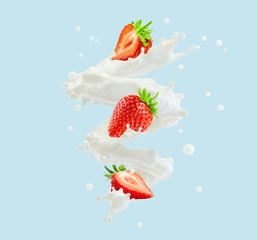 Fototapeta na wymiar Fresh milk or cream splash spiral with ripe strawberries. Healthy breakfast meal design concept or ad element with milk, yogurt, cream and strawberry. Milkshake ingredients isolated. 3D