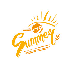 Vector seasonal logo. 2019 Summer. Sun and handwritten sunny inscription. Seasonal Label. Hot summer time period of travels, holidays, resort rest.