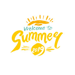 Welcome to Summer 2019. Vector seasonal logo. Summer rays and handwritten sunny inscription. Bright Seasonal Label. Hot summer time period of travels, holidays, resort rest.