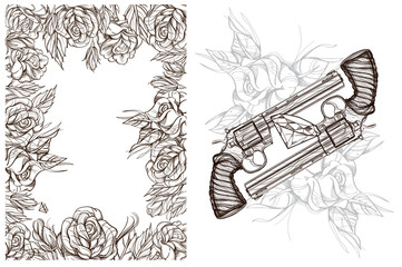 Roses and a gun. A set of outline illustrations with sketches of tattoos.