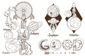 Space. Beautiful inscription: Good night. A set of outline illustrations with sketches of tattoos.