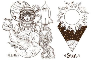 Space. A set of outline illustrations with sketches of tattoos.