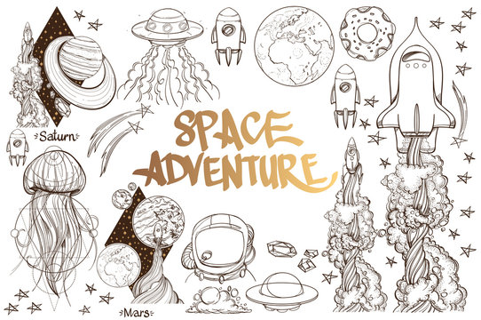 Set of black and white illustration on space theme. Space ship, planet, jellyfish.