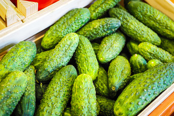 Fresh cucumbers in a wooden box at store